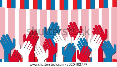 Image of red and blue hands over american flag. patriotism and celebration concept digitally generated image.