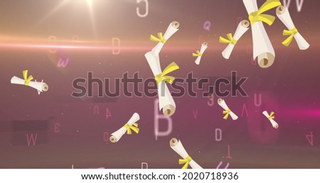 Digital image of multiple diploma degree falling against spot of light on purple background. school and education concept