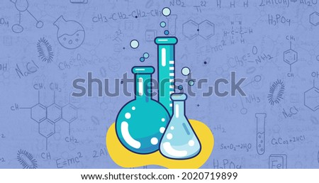 Digital image of laboratory equipment icons against chemical structures on blue background. school and education concept