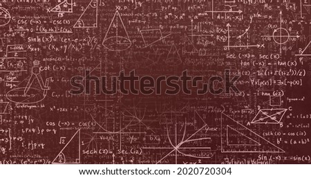 Digital image of multiple changing numbers against mathematical equations and diagrams floating against grey background. school and education concept