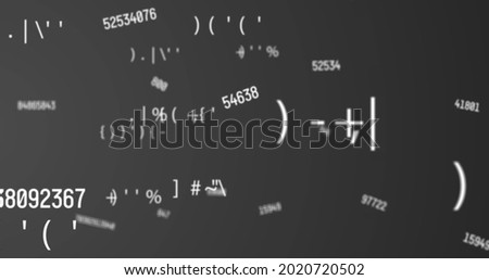 Digital image of multiple changing numbers and symbols floating against grey background. school and education concept