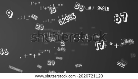 Digital image of changing numbers and symbols against multiple numbers floating on grey background. school and education concept