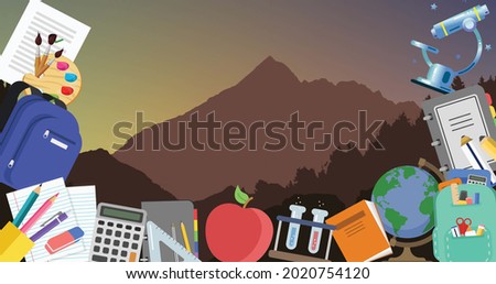 Image of multiple school items icons moving on seamless loop with landscape with mountains in the background. Education back to school concept digitally generated background.