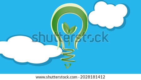 Composition of plant light bulb logo over blue sky and clouds. global conservation and earth day concept digitally generated image.