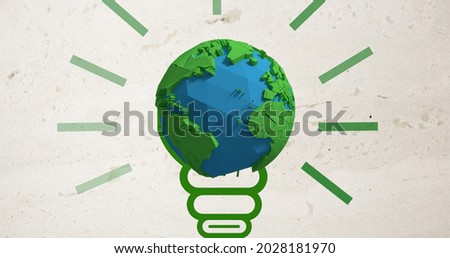 Composition of globe light bulb logo on recycled paper background. global conservation and earth day concept digitally generated image.