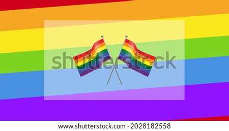 Rainbow flags over rainbow stripes background. lgbtq pride and equality celebration concept digitally generated .