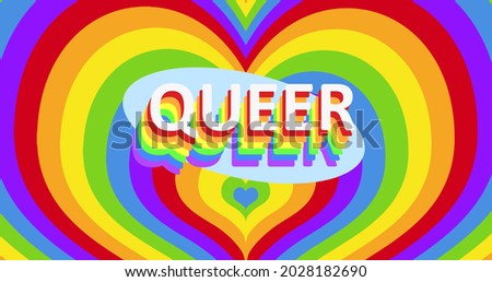 Queer text over rainbow hearts background. lgbtq pride and equality celebration concept digitally generated .