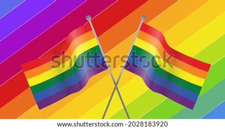 Two rainbow flags over rainbow stripes background. lgbtq pride and equality celebration concept digitally generated .