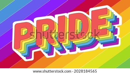 Pride text with rainbow colors over rainbow stripes background. lgbtq pride and equality celebration concept digitally generated .
