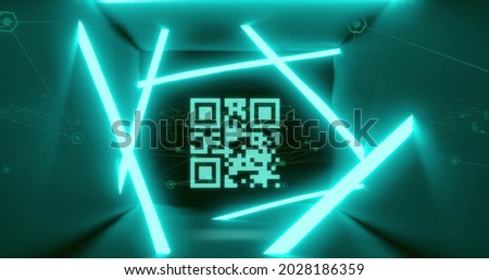 Image of qr code glowing with blue neon stripes over blue background. digital interface, global technology, connection and communication concept digitally generated image.