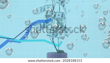 Multiple bubbles floating against graphs moving over tree of american dollars. global finance and economy concept