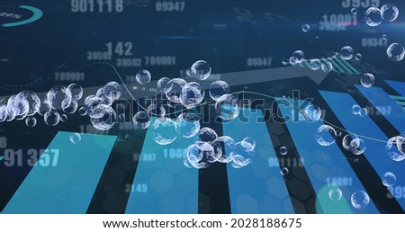 Multiple bubbles floating and changing numbers against financial data processing on blue background. global finance and economy concept