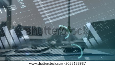 Digital composite image of statistical and financial data processing against empty office. finance and business concept