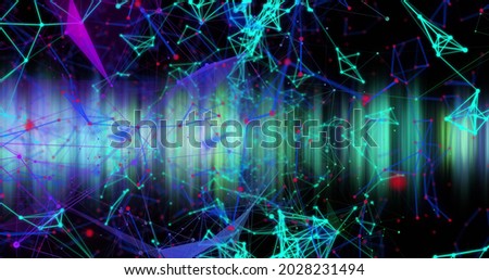 Image of blue to green network of connections over glowing blue and green stripes. colour and movement concept digitally generated image.