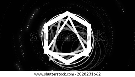 Image of spinning white rings triangles and hexagons on black background. geometry, movement and energy concept, digitally generated image.