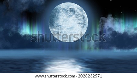 Image of full moon hanging over water with aurora lights in night sky in background. nature, movement and light concept, digitally generated image.