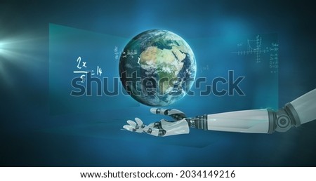 Globe spinning over robotic hand against mathematical equations on blue background. mathematical and robotics research technology concept