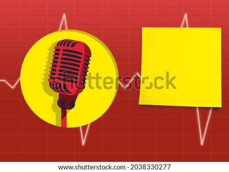 Composition of red retro microphone, yellow circle and square over heartbeat monitor on red. music and singing event communication concept, template with copy space digitally generated image.