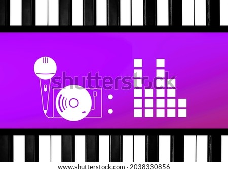 Composition of microphone, with turntable and block frequency meter on purple with piano key border. music, rap and singing event communication concept template with digitally generated image