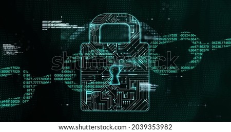 Image of white file icons falling over a view of padlock and chain icons made from processing data on black background. Global online security concept.
