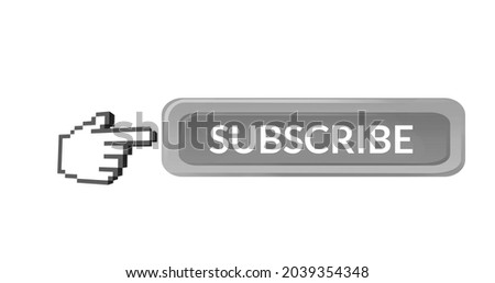 Digital image of the word SUBSCRIBE and hand icon vector on the right side pointing on it on white background. 4k
