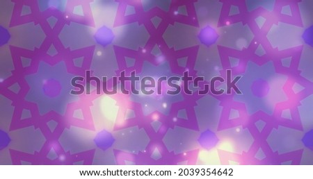 Image of kaleidoscopic colourful pink and purple shapes moving hypnotically in a seamless loop over floating glowing lights. Colour, light and movement concept digitally generated image