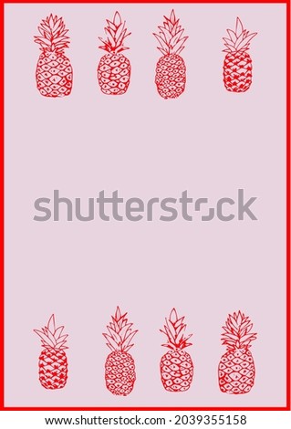 Composition of two rows of red pineapples on grey background with red frame. party invitation template concept with copy space digitally generated image.