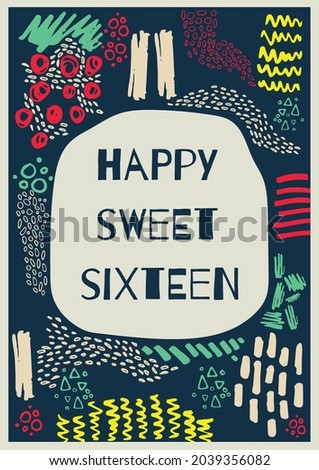Composition of happy sweet sixteen text in grey bubble with colourful patterns on dark background. sixteenth birthday greetings card template concept digitally generated image.