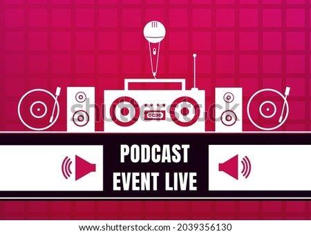 Composition of podcast live event text with music equipment on red background. podcast promotional communication concept digitally generated image.