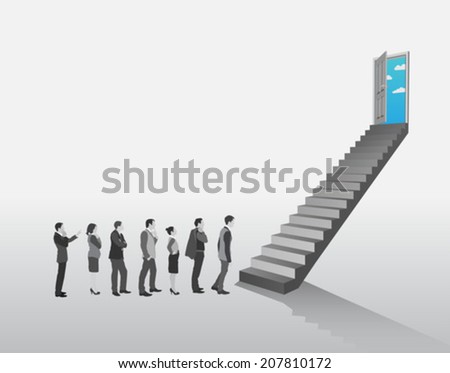Business people in queue to climb stairs on grey background