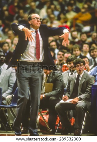 SYRACUSE, NEW YORK, USA - Coach Jim Boeheim during Syracuse Orangemen college NCAA basketball game in Carrier Dome, 1980s