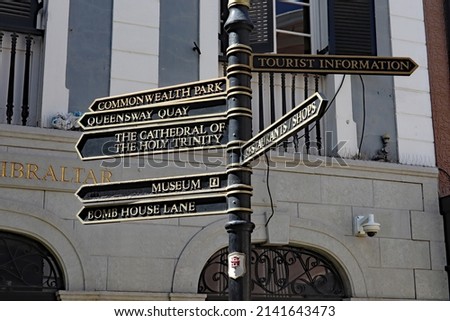 Black and gold direction signs in the main street of Gibraltar ストックフォト © 
