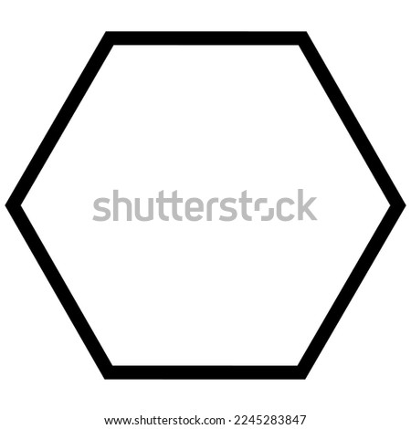 Simple monochrome vector graphic of a hexagon. A six sided polygon having each side equal and all six corners measuring an angle of one hundred and twenty degrees