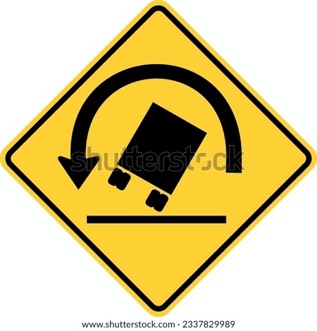 Vector graphic of a usa truck rollover warning highway sign. It consists of a black truck tilted at a dangerous angle below a curved black arrow within a black and yellow square tilted to 45 degrees