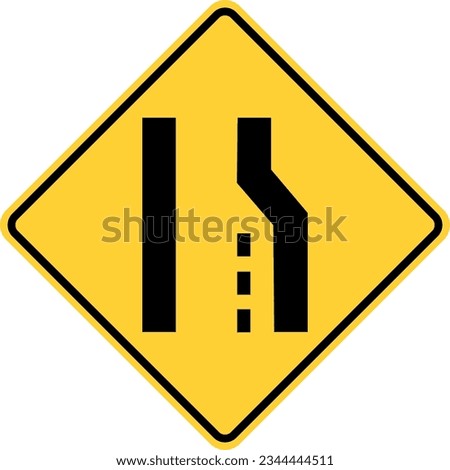 Vector graphic of a usa right lane ends highway sign. It consists of a black road narrowing from two lanes to one within a black and yellow square tilted to 45 degrees