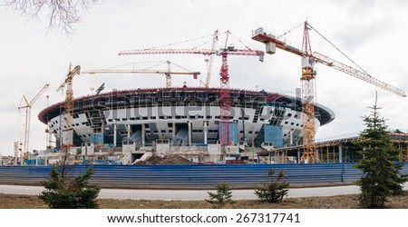 SAINT PETERSBURG, RUSSIA - APRIL 05, 2015: Building stadium of local football team Zenit is called Zenith Arena, stadium currently under construction. Sports complex located on Krestovsky Island