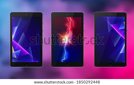 Three Tablet black color with abstract neon geometric and lightning bolt touch screen and flare isolated on abstract blurred background. Realistic and detailed device. Stock vector illustration.