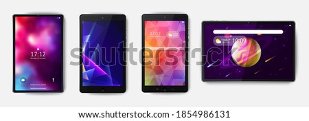 Tablets, smartphone, set of with colorful abstract screensaver top view isolated on white background. Realistic and detailed devices mockup. Stock vector illustration. eps10.