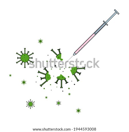 Syringe filled with pink liquid destroys the green virus. Vaccination against Covid-19. Conceptual vector illustration
