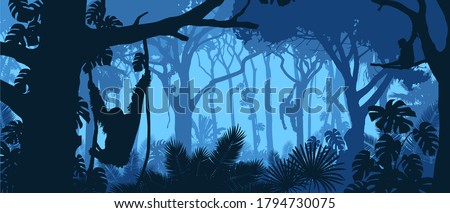 Beautiful vector landscape of a rainforest jungle with orangutan monkeys and lush foliage in blue colors.