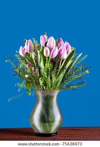 tulips at vase with blue neutral background