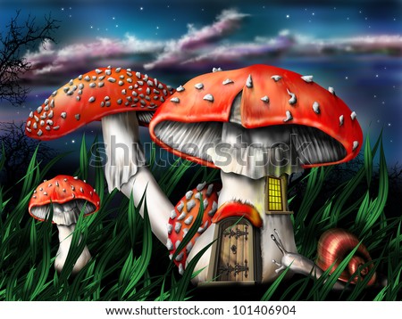Illustration of enchanted magical mushrooms in the forest