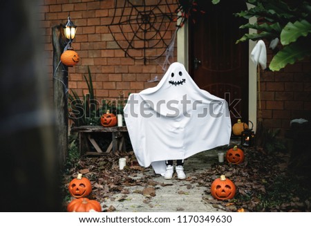 Similar – Image, Stock Photo Kid in ghost costume on street