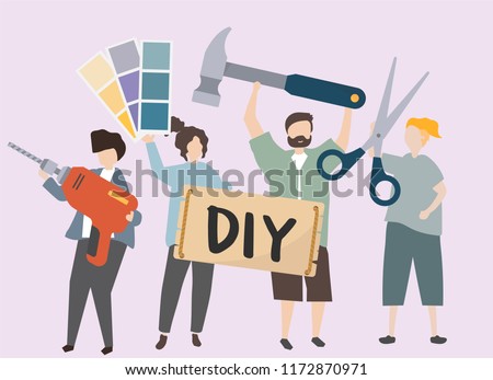 People carrying various DIY tools illustration