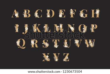 Similar – Foto Bild Goldenes Alphabet Buchstaben mit grünen und goldenen Aquarell tropischen Blättern verziert isoliert