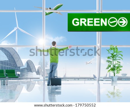 Happy Environmentalist Business Man in Airport with 3D Airplane