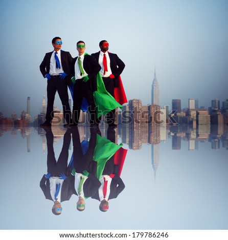 Superhero Businessmen at New York City Skyline