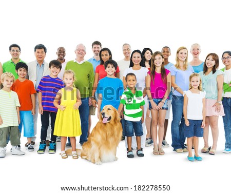 Multi-ethnic Group of Mixed Age People With Golden Retriever Dog