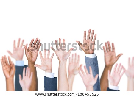 Group of multi-ethnic people\'s arms outstretched in a white background.