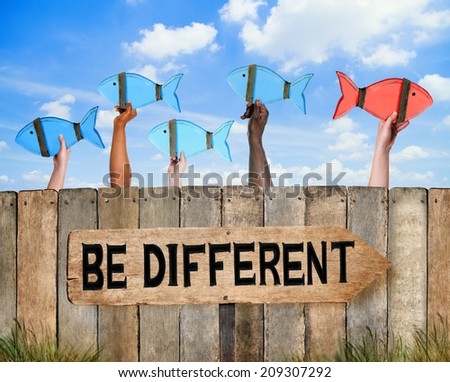 School of Fish and Wooden Signboard with Be Different Concept